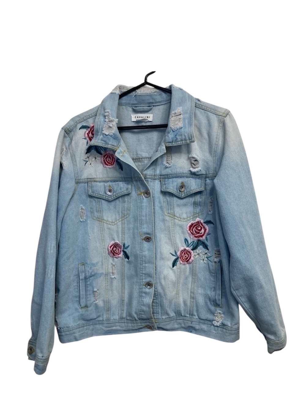 3/$20 Cavalini Distressed Light Wash Denim Jacket Floral Embroidery Women Medium